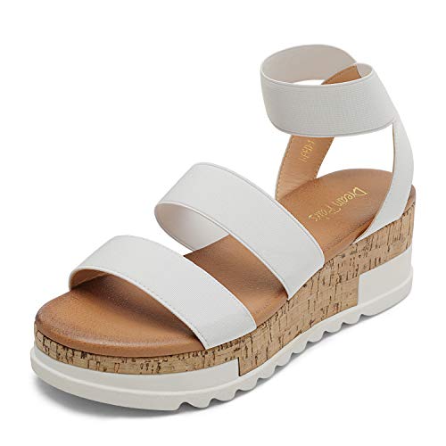 DREAM PAIRS Women's Open Toe Elastic Ankle Strap Casual Flatform Platform Wedges Sandals 6 White