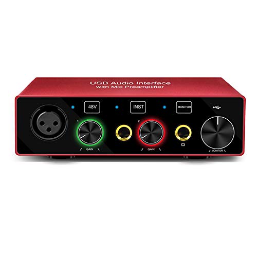 USB 2x2 Audio Interface with Mic Preamplifier 24Bit/96KHz Mixer Recorder with 48V Phantom Power Used for Instrument Guitar Bass Support Smartphone Tablet Computer