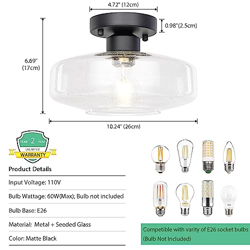 HUAWIYA Semi Mount Ceiling Light, 10.24 Inch Seeded Glass Shade, Brass Accent,Matte Black Light Fixtures Ceiling for Hallway, Entryway, Passway,Bathroom,Bedroom - Image 4