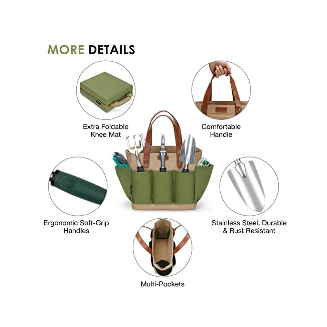 Garden Tool Tote Solid Bag with 11 Piece Hand Tools, Best Gardening Gift Set Organizer