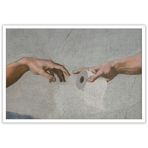 Funny Bathroom Canvas Wall Art The Creation of Adam Artwork Michelangelo's Hand of God with Toilet Paper Poster Bath Room Decoration Painting Prints Unframed 8x10