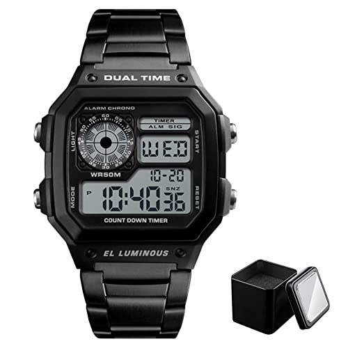 Nicoone Herren Digital Armbanduhr, Chronograph mit LED-Hintergrundbeleuchtung, 50 m Wasserdicht, Edelstahlarmband (Schwarz)