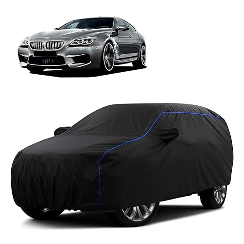 Image of Sulfar 100% Water Resistant Car Body Cover Compatible with Mirror for BMW M6 (Triple Stitched, Full Bottom Elastic, Black Tafetta with Blue Piping)