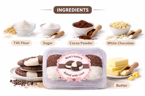 Image of MOM'S BAKERY Black and White Cookies 200 gm with White Cream Coating | Soft & Rich Chocolate Baked Treats | T45 Flour, Butter, Sugar, Vanilla Essence | Perfect for Cookie Lovers | Healthy & High Fiber Biscuits for Anytime Cravings for Breakfast