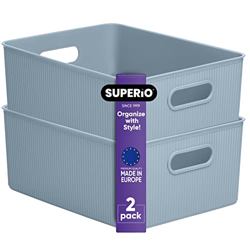 Image of Superio Ribbed Collection - Decorative Plastic Basket Open Home Storage Bins Organizer, Large Blue (2 Pack) Container Boxes for Organizing Closet Storage Bins for Shelves 15 Liter /16 Quart