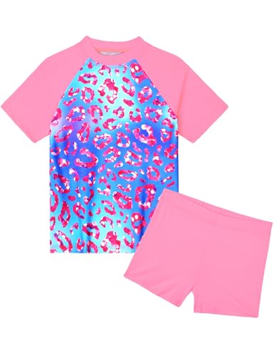 Image of Girls Swimsuit Colorful Short Sleeve Bathing Suits UPF 50+ Rash Guard Set Two Piece Summer Swimwear