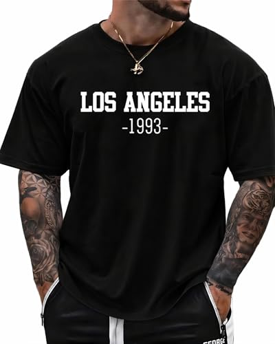 KUYIGO Men's Los Angeles 1993 Vintage Graphic Tee Retro LA Letter Print Hip Hop Streetwear Casual T-Shirt,L Black