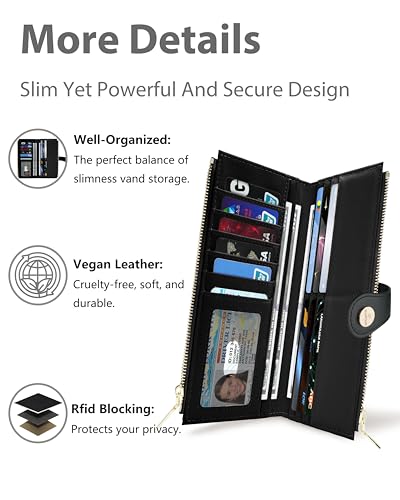 Image of Black Women's Slim Wallet,Thin RFID Card Holder with Zipper Pocket | 12 Slot Wallet Organizer, Large Capacity, Vegan Leather, Coin Purse, Cash Compartment, Travel Wallet, Women Gift
