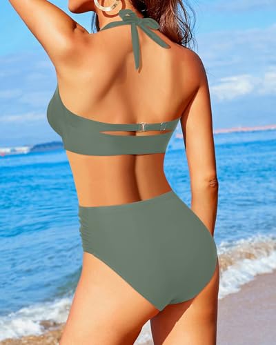 Image of Holipick Women High Waisted Bikini Set Two Piece Swimsuit Tummy Control Bathing Suit Vintage Halter Swimwear