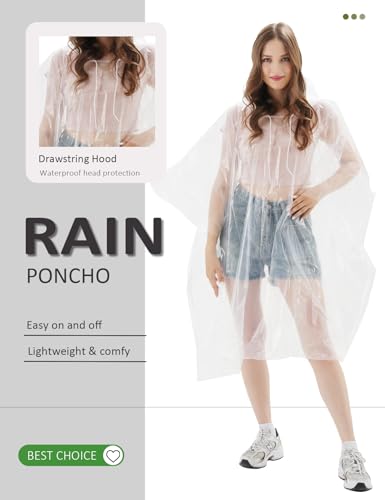 AceFly Disposable Rain Ponchos for Adults 5 Pack-Clear Emergency Waterproof Ponchos with Drawstring Hood4