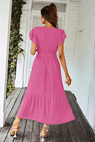 PRETTYGARDEN Women's Summer Floral Boho Maxi Dress Wrap Short Sleeve V Neck Ruffle A-Line Flowy Wedding Guest Long Dresses
