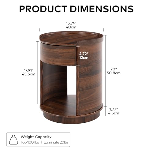 Image of Chogori Solid Wood End Table Set of 2 with Drawer & Storage Shelf - Walnut Round Accent Nightstand, Farmhouse Side Table for Small Spaces, Living Room, Easy Assembly