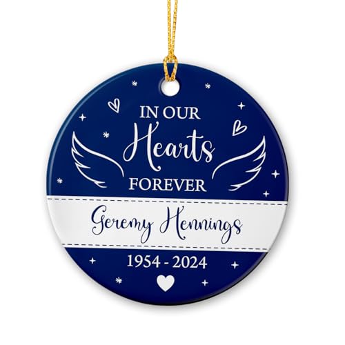 in Our Hearts Forever Ornament, Personalized Memorial Christmas Ornament, Custom Name & Year Angel Wings Remembrance Ornaments, in Loving Memory Xmas Ornament, Memorial Ceramic Ornament Gift