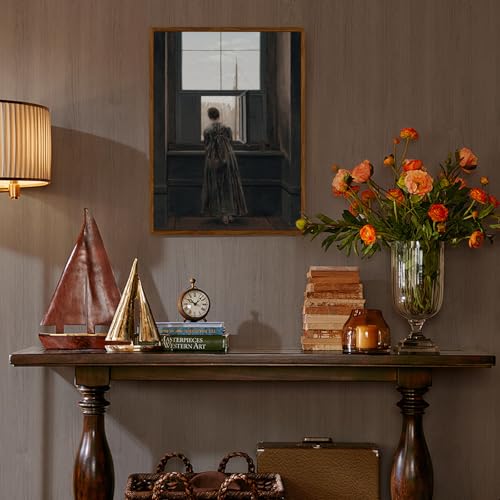 crmotu Framed Canvas Wall Art, Vintage Portrait Paintings Wall Decor, Woman by the Window Dark Art Prints, Retro Lady Back Pictures Rustic Farmhouse Home Decor Living Room Bedroom Bathroom 12x16in