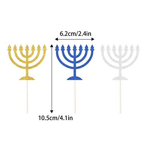 24Pcs Glitter Menorah Cupcake Toppers, Happy Hanukkah Cupcake Topper, Sparkle Jewish Birthday Chanukah Holiday Party Decoration Supplies #TOP1