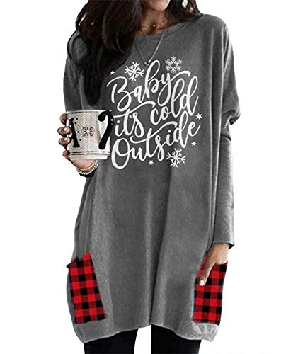 MOUSYA Women Sweatshirts Shirt Christmas Long Sleeve Tops Santa Printed Pullover Loose Plus Size T-Shirt Blouse with Pockets (Gray, X-Large)