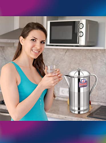 Image of Dhara Stainless Steel Slimline Water Pitcher with Lid 2 Liters | Food Grade| Rust Proof | Streamlined Handle| Easy to Carry and Pouring | Strong and Sturdy | Steel Serving Water Jug for Dinning Table