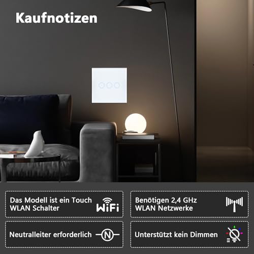 TAWOIA Smart Alexa Lichtschalter (Neutralleiter erforderlich), Wlan Lichtschalter mit Glasscheibe, Sprachsteuerung für Alexa, kompatibel mit Smart Life und Tuya App 3Fach 1Weg Weiß