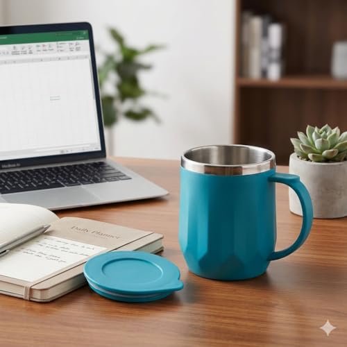 Image of Insulated Coffee Mug 350 ml - Leakproof Lid, Double Wall Stainless Steel Tea Mug, Cool Touch Outer, Travel Cup for Office & Car, Keeps Drinks Hot /Cold - Blue