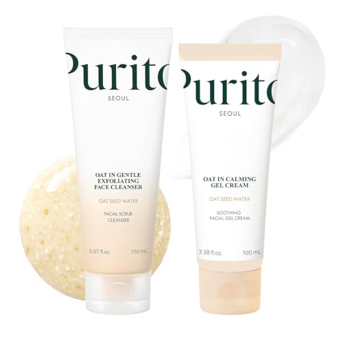 Image of PURITO Oat Velvet Duo, Calming Gel Cream & Exfoliating Facial Polish, Non-comedogenic Formula, Moisturizer, Cleanser, Mild Korean Skincare for All Skin Types 3.38+5.07 fl.oz