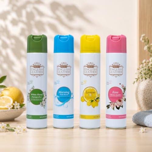 Image of Next Care English Leather Air Freshener Spray 220ml Each | Long Lasting Room Freshener for Home, Office & Car | Odour Eliminator (Lemon, Rose, White Floral & Morning)