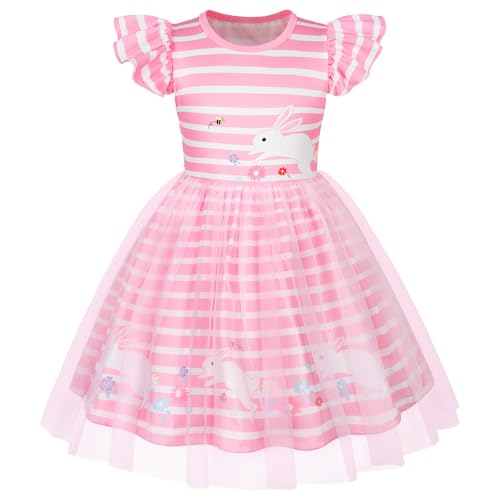 Girls Bunny Easter Tulle Dress Crewneck Flutter Sleeve Casual Party Tutu Gown Light Pink