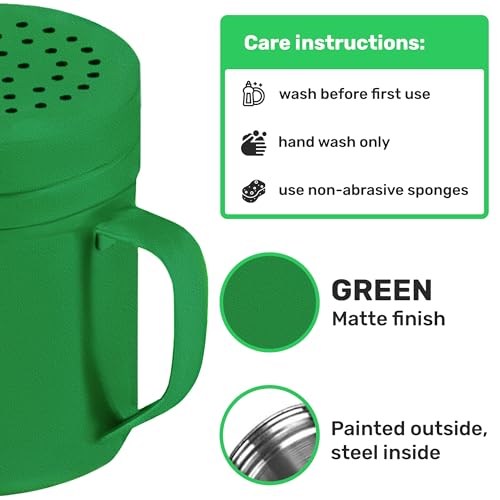 Image of CUSINIUM 10oz Forest Green Stainless Steel Salt Pepper Dredge Shakers - With Plastic Cap - With Handle - Pack of 2