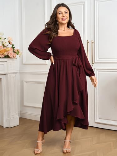 SCOMCHIC Women Plus Size Maxi Dress Fall Long Sleeve Wedding Guest Smocked High Low Ruffle Cocktail Dress with Belted4