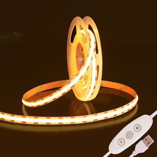 Fosingut Tira LED COB 2m,5V USB Regulable Luz de Fondo de TV, Blanco Cálido 3000K CRI90+ 960 LEDs Luces LED Strip Tiras LED de Interior Para Decor del Hogar DIY, Cocina, Espejo, Dormitorio, Bar