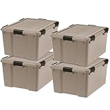 IRIS USA 4-Pack WeatherPro Gasket Box, 63 Quart Weather Resistant Storage Bins with Latching Lids, Heavy Duty Organizing Containers for Closet, Bathroom, and Office - Tan