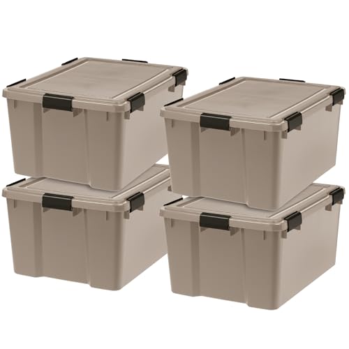 IRIS USA 4-Pack WeatherPro Gasket Box 63 Quart Weather Resistant Storage Bins with Latching Lids Heavy Duty Organizing Containers for Closet Bathroom and Office - Tan