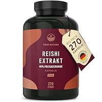 Reishi Pilz-Extrakt – 270 Kapseln (670 mg) – Hochdosiert: 20.100 mg/Tag – Premium-Extrakt, 40% Polysaccharide – 3 Monate Vorrat – Ganoderma lucidum – Vegan, deutsche Produktion – TRUE NATURE®