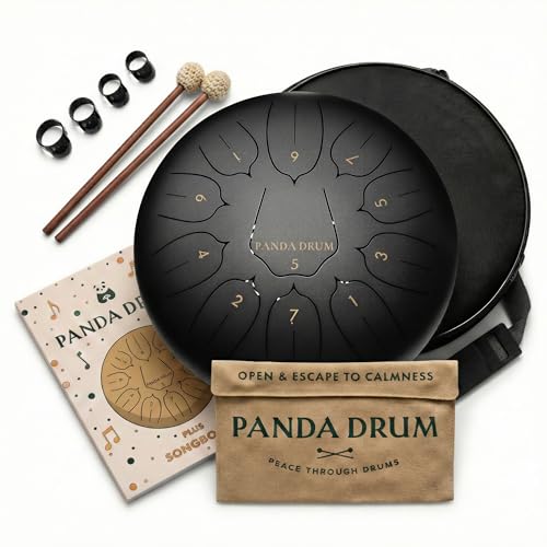 Panda Drum Plus (Black) | Steel Tongue Handpan with Music Book, Mallets, Carrying Bag & Finger Picks | 11 inch, 432 Hz | Rain Drum for Inside & Outside | Calming Musical Instrument for Adults & Kids