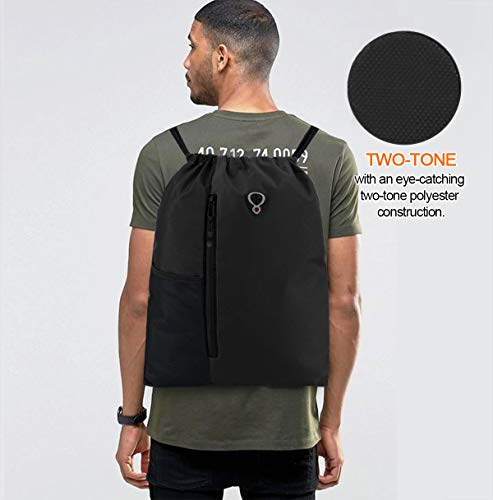 Beegreen Black Drawstring Backpack Gym Bag For Men Women Sport String Backpack With Water Bottle Mesh Pockets And Two Zippered Pocket Large Cinch Sackpack Workout Bag For School, 16" X 20" #TOP5
