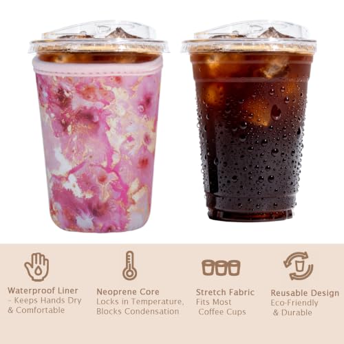 Image of Reusable Insulated Sleeve for Iced Coffee Cup, 3-Pack Coffee Neoprene Drink Sleeve for Cold & Hot Drinks, Beverage Holder for Iced Coffee (Rosy Marble)