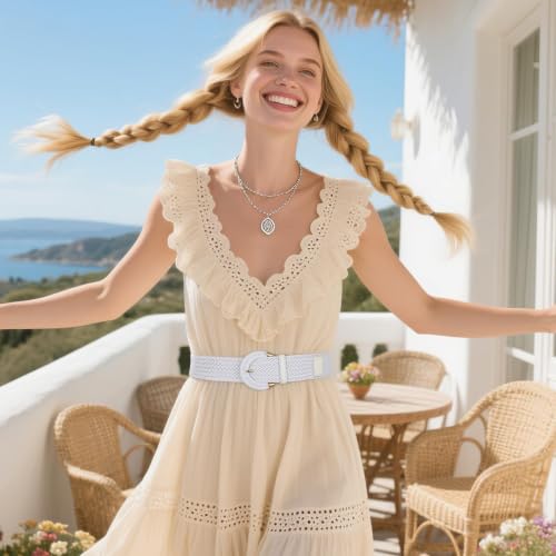 Image of SANSTHS Women Wide Woven Belt for Dresses Fashion Rattan Braided Waist Belt Straw Raffia Boho Belt for Jeans