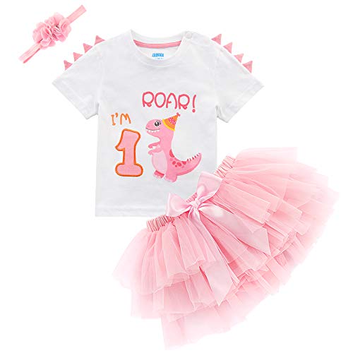 AMZTM Baby Mädchen Dinosaurier 1. Geburtstag Outfits Umfassen Kurzarm + Tutu Kleid + Stirnband Geschenkset von 3 Stück(Rosa, 1 Jahr - 80)