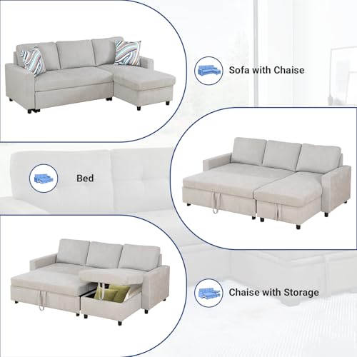 Image of Rovibek 83 inch Convertible Sofa Bed Couch with Storage - 4 in 1 L Shaped Sofa with Pull Out Couch Bed for Living Room, Apartment, Office, Small Spaces, Light Grey