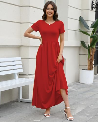 Image of COSSEN Women's Crew Neck Short Sleeve Maxi Dress with Pockets Casual Loose Swing for Wedding Guest Beach Vacation