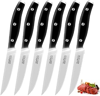 Dfito Steak Knives Set of 6, Stainless Steel Steak Knife, Cutlery Set Serrated for Meat, Pizza, Bread, etc