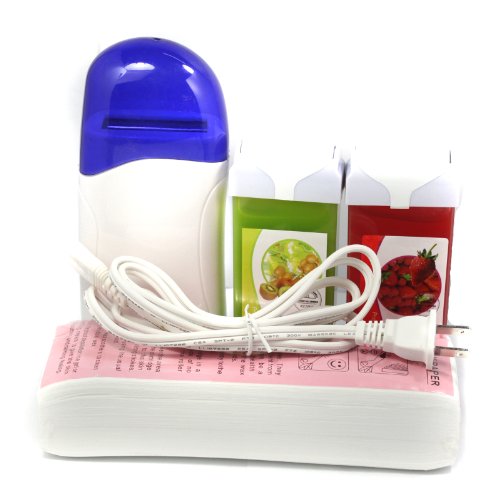 4 in 1 Roll on Refillable Depilatory Wax Heater Waxing Hair Removal Kit Tools Machine with 100 PCS Paper Strip , Kiwifruit Strawberry Taste 100g Wax , 110v Us Plug