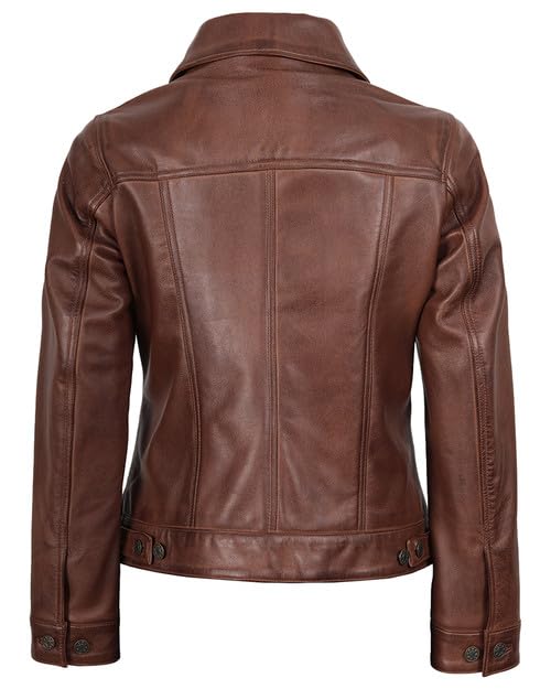 Image of Decrum Trucker Leather Jacket Women - Button Closure Vintage Style Real Lambskin Womens Leather Jacket