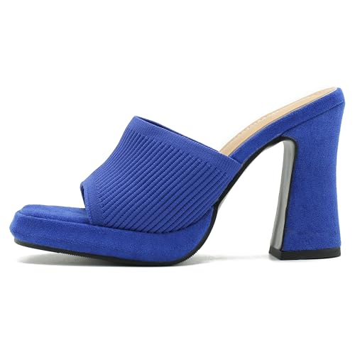 Image of Women's Knit Platform Mule Sandals, Square Toe, Block Heel Slip-On Slides, Chunky High Heel Summer Shoes