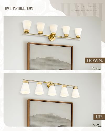 Image of Bathroom Light Fixture, HWH 5-Light Bathroom Vanity Light Brushed Gold Vanity Lighting Over Mirror, Modern Vanity Lights with Frosted White Striped Glass, 5HZG97B-5W BG