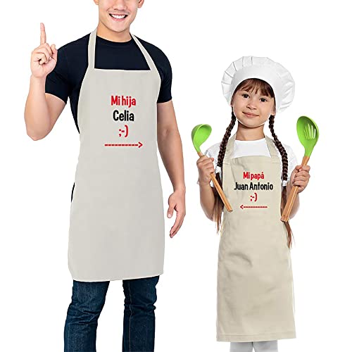 CALLE DEL REGALO Pack de delantales de cocina BIO para padre e hij@ bordados con nombres