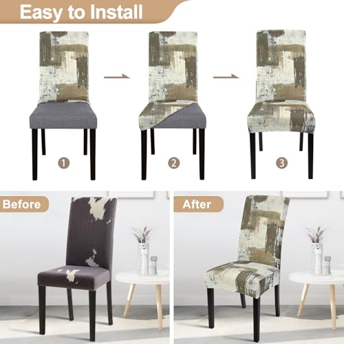 Image of SearchI Dining Room Chair Covers Set of 4, Stretch Printed Floral Parsons Chair Slipcovers Removable Washable Kitchen Chair Protector Cover for Dining Room, Hotel, Ceremony (Brown Abstract Pattern)