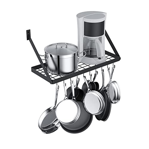 Hoooh Square Grid Wall Mount Pot Rack Storage Shelf With 10 Hooks, Kitchen Cookware Hanging Organizer, Black, Kpr301A-Bk #TOP4