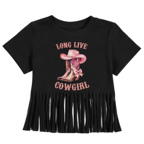 Image of Girls Western Shirt Cowgirls Embroidered Country Concert T Shirt Graphic Horseback Rider Tassel Fringe Tee Tops
