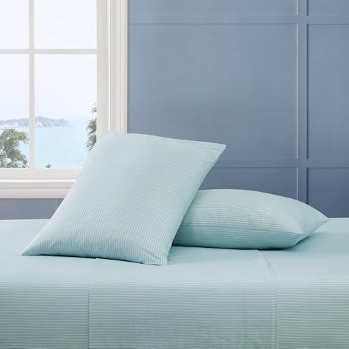 Image of Tommy Hilfiger - King Size Sheet Set, Crisp & Tailored Sheets with a Smooth Cotton Percale Lightweight Feel - Bed Sheets with Matching Pillowcases & Fitted Sheet (Highland Ticking Stripe Green)