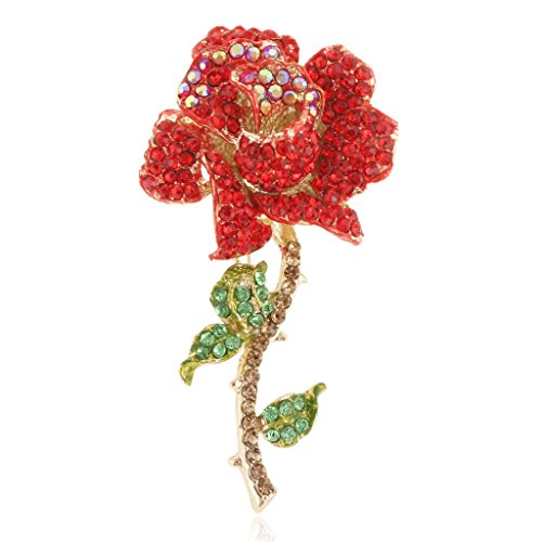 EVER FAITH Women's Austrian Crystal Blooming Rose Flower Leaves Brooch Red Gold-Tone